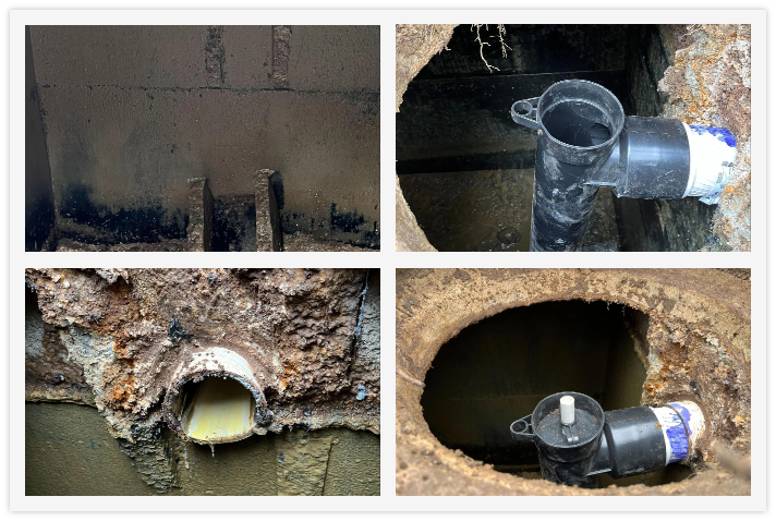 Left two pictures showing concrete baffle fallen into tank and right two pictures showing new baffle with effluent filter