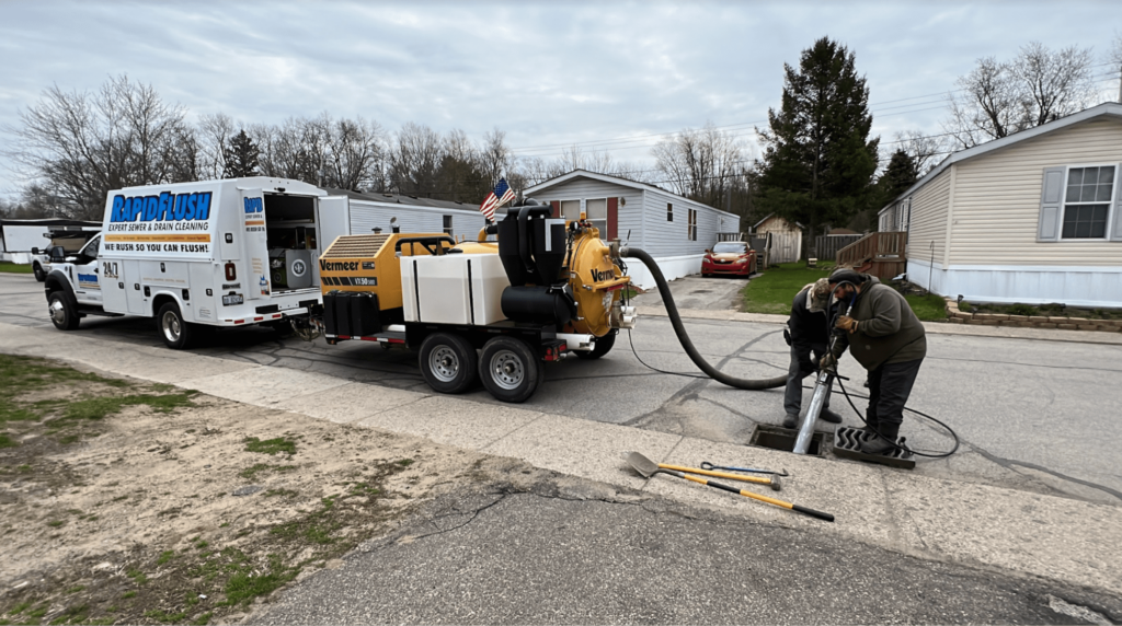 Cleaning a storm drain at a mobile home park using a combination of a hydro-excavator and a hydro-jet.