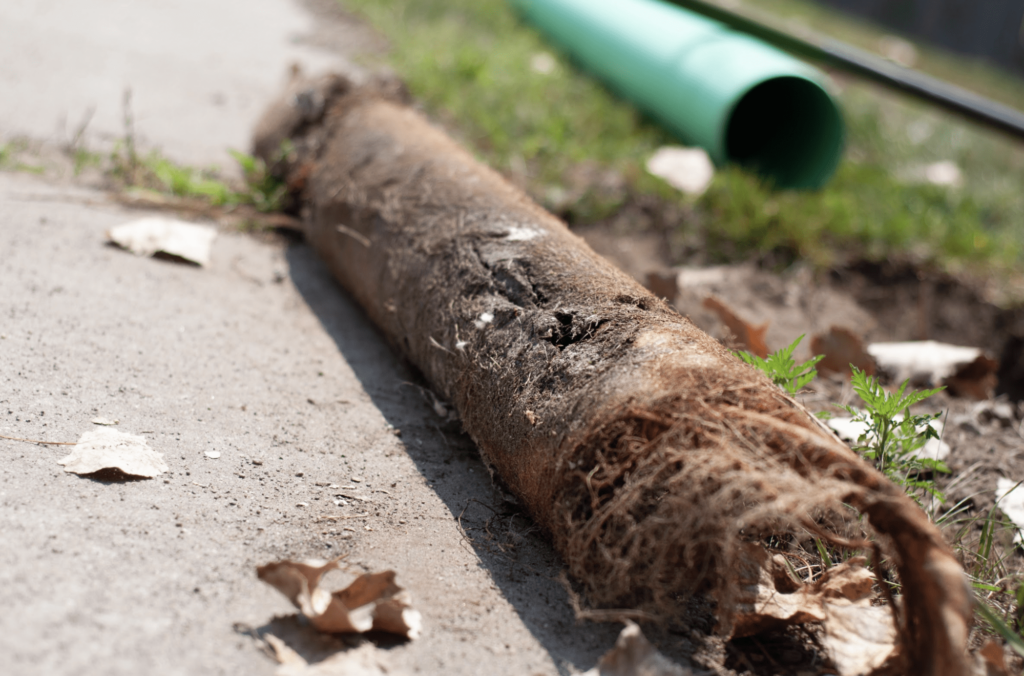 Section of root removed from a broken section of sewer pipe after excavating