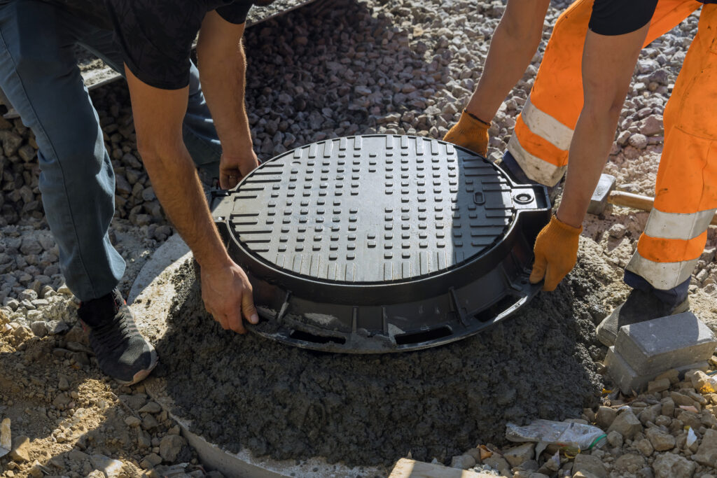 Two workers install a cover for an underground tank