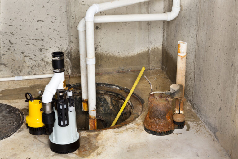An old, rusty sump pump being replaced by a new, clean, and white sump pump.
