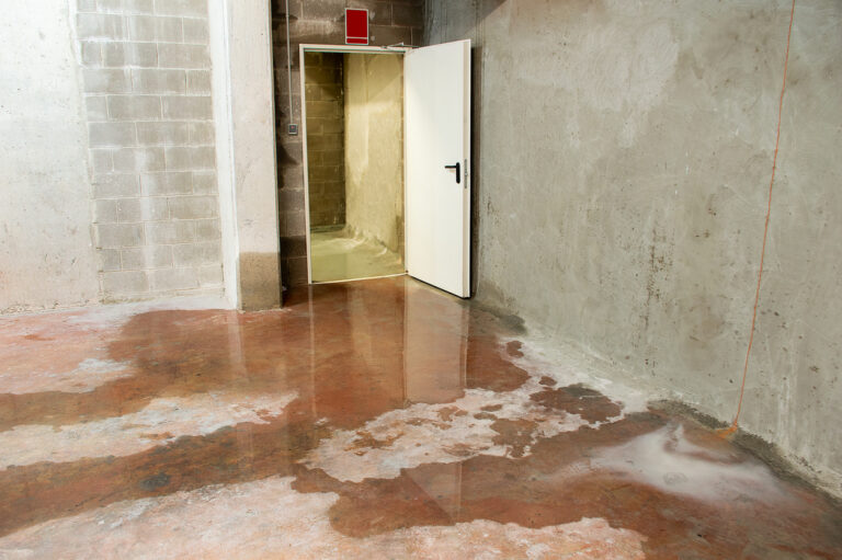 A flooded, water-damaged basement due to sewer backup.