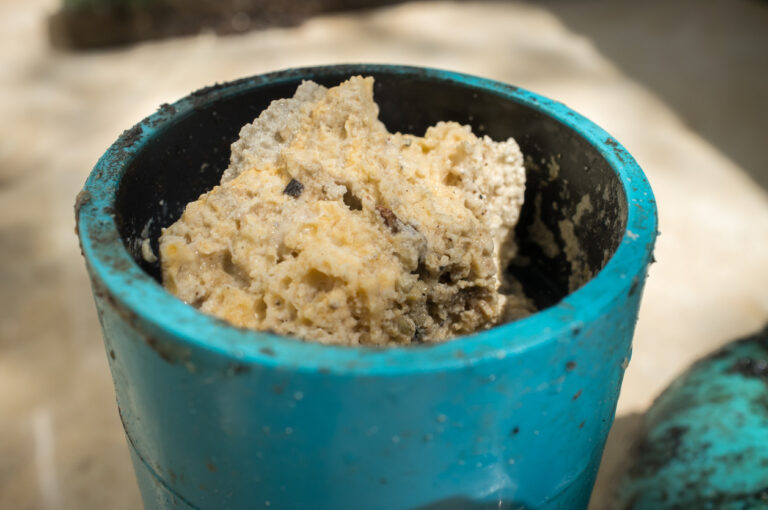 A pipe that has been clogged with fats, oil, and grease.