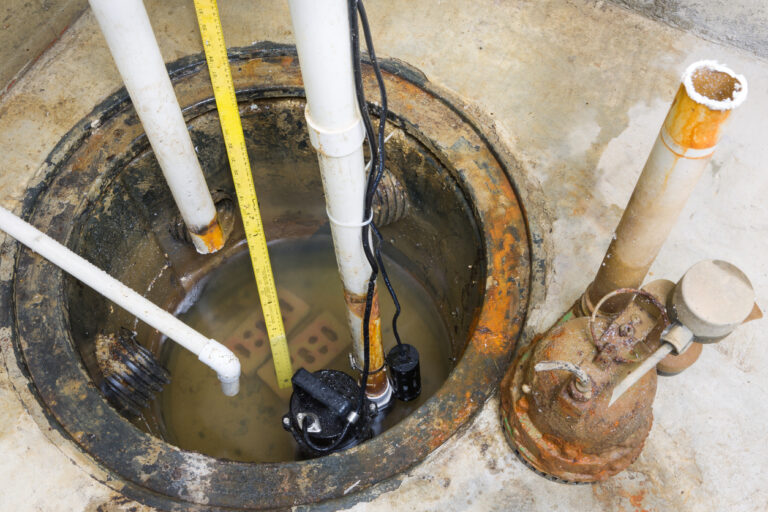 An old sump pump sitting on the ground next to a new sump pump that was installed.