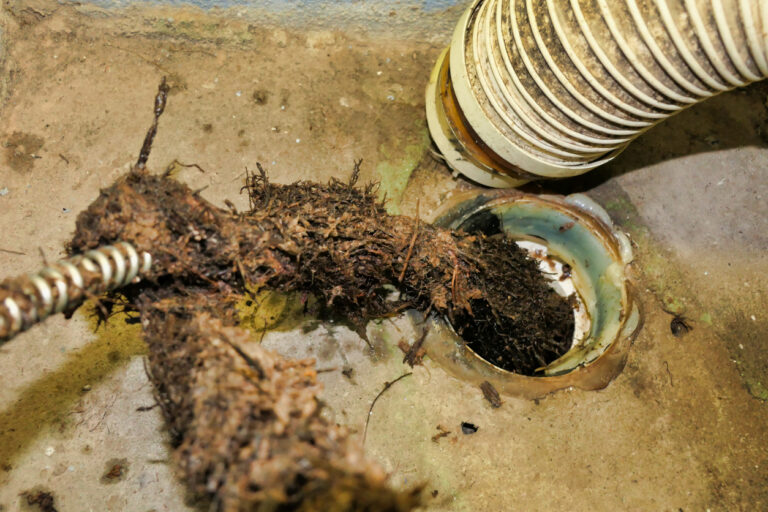 Roots being pulled out of a clogged pipe with a specialized cable tool.
