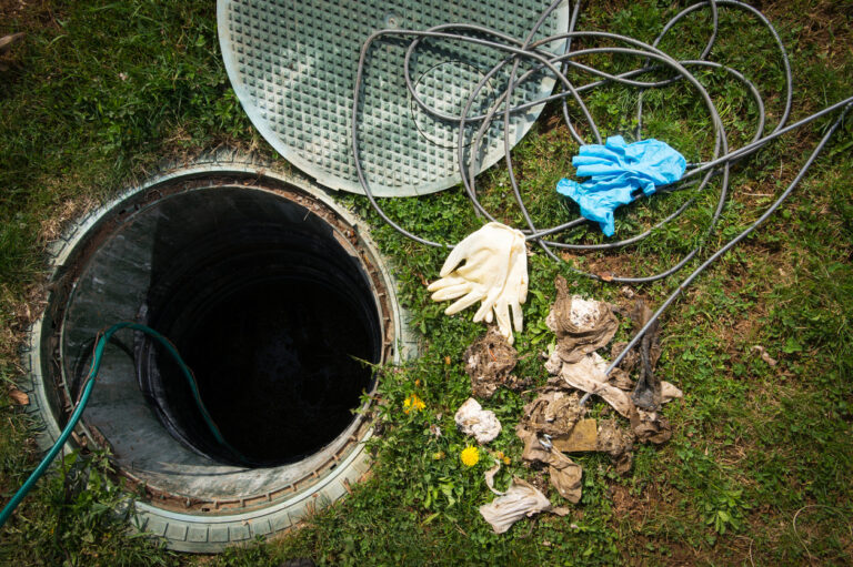 An overhead view of a septic tank being cleaned of nonbiodegradable items.